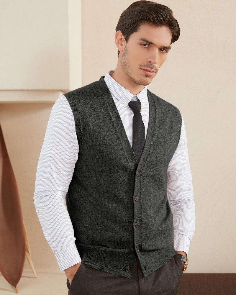Kallspin Men's Sweater Vest Wool Blend V-Neck Button Sleeveless Cardigan Vest Sweater (Charcoal, Medium) - Image 4